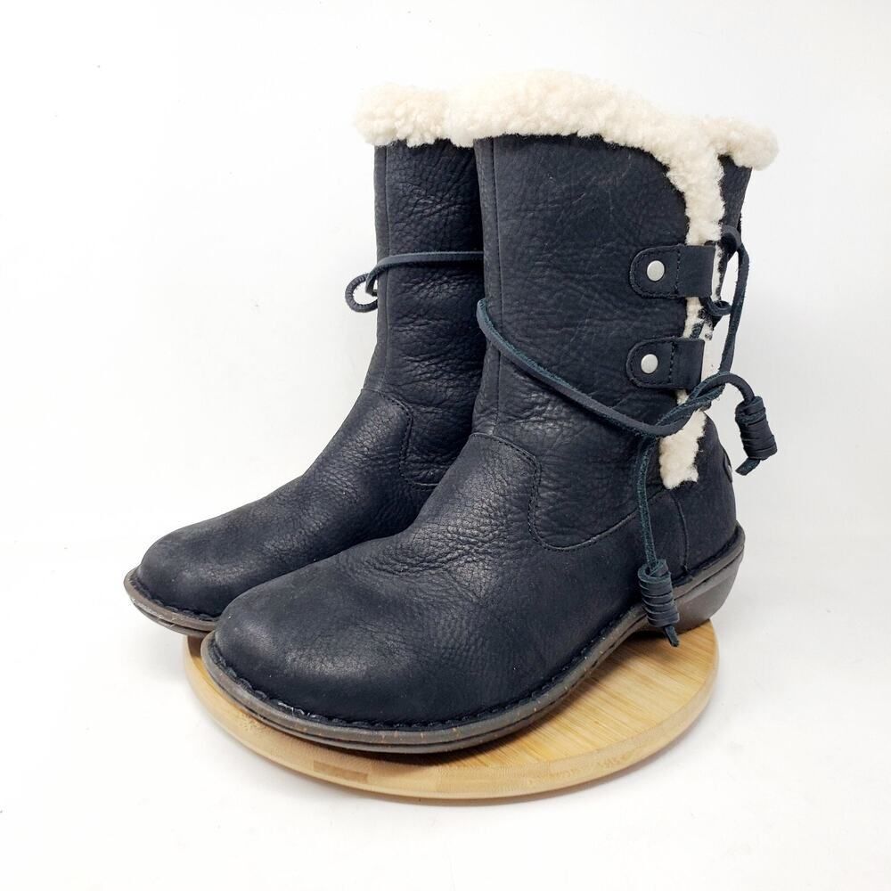UGG Akadia Boots Women 9 Black Nubuck‎ Leather Shearling Wrap Tie Winter Shoes - Picture 2 of 13